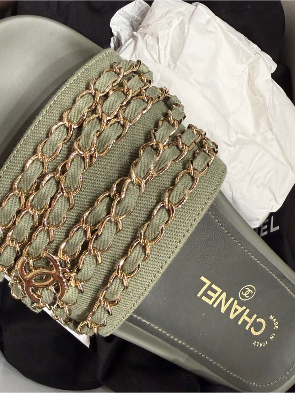 Chanel Olive Green Chain Slide Sandals 36